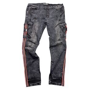 Decibel Mens Acid Wash Black Distressed Cargo Jeans Racing Stripe 40 x 33
